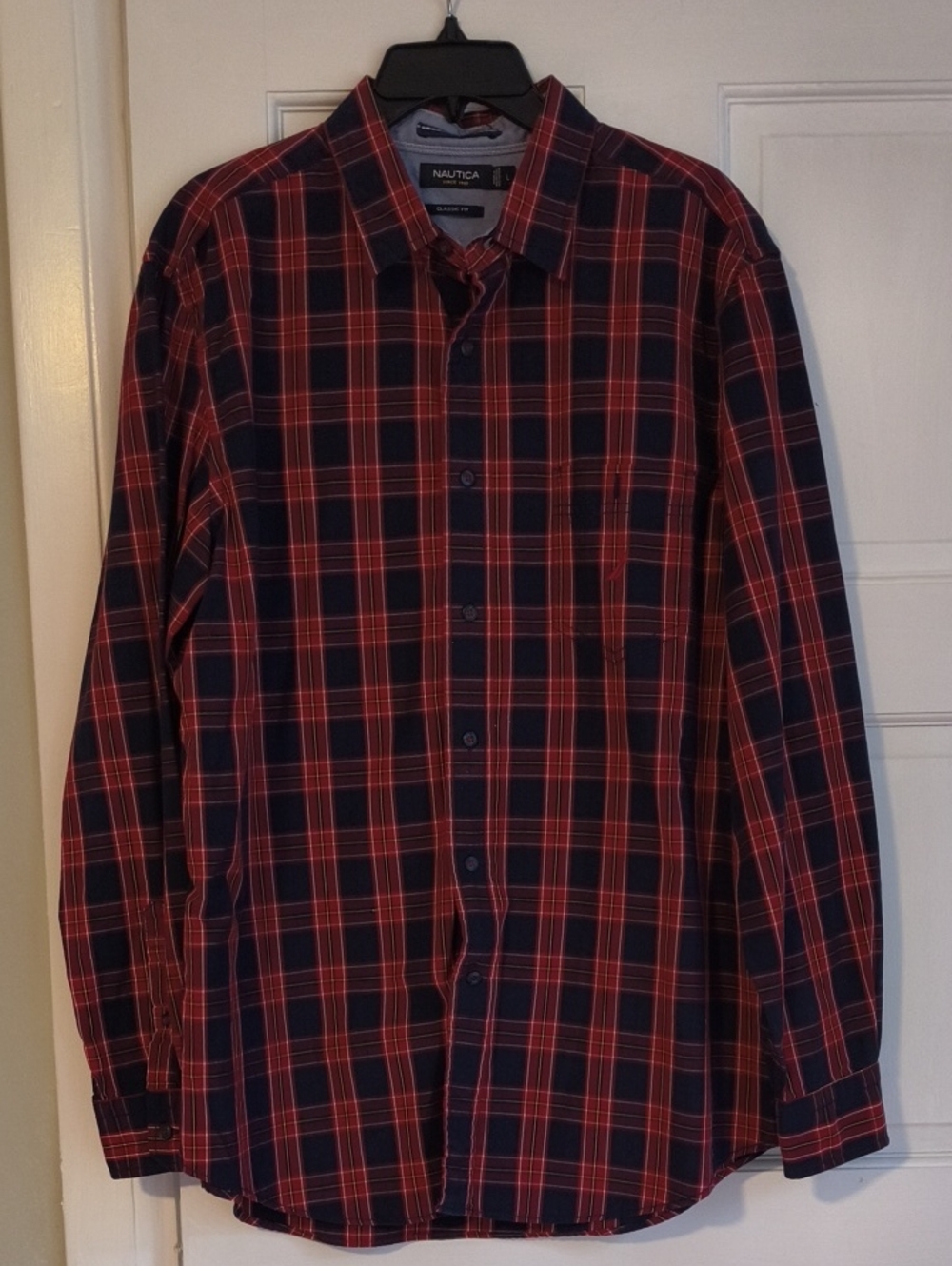 Nautica Red and Navy Plaid Long-Sleeve Button-Down Shirt